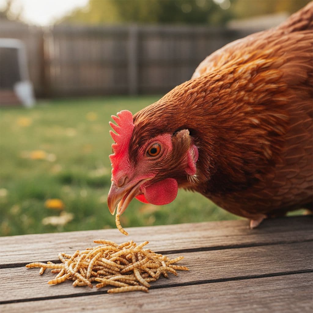 A healthy chicken pecks at dried mealworms on a wooden surface in a sunlit backyard.