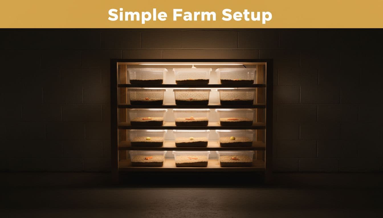 Stacked plastic trays containing wheat bran substrate for a beginner-friendly indoor mealworm farm.