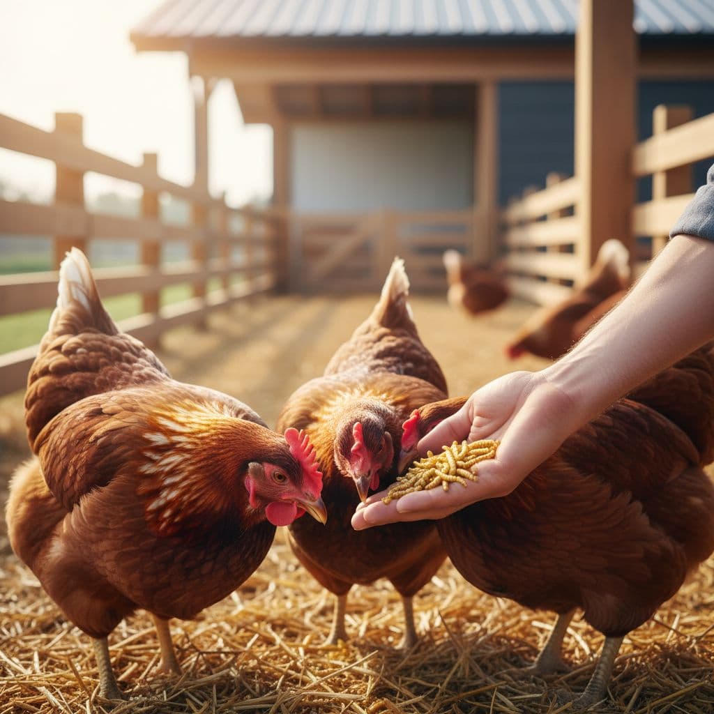A person feeds fresh yellow mealworms to healthy chickens in a sunny outdoor farm yard.