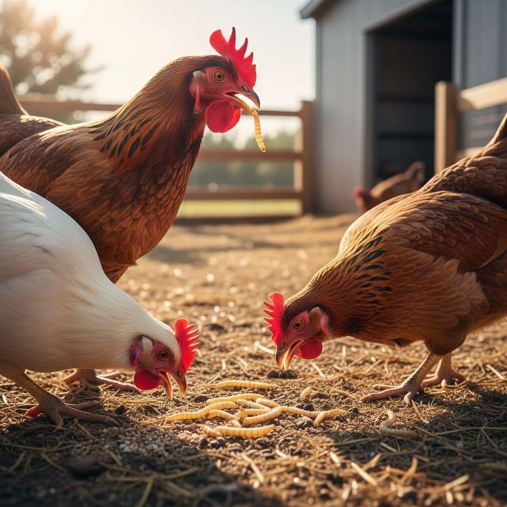 A group of healthy chickens forage for dried mealworms in a sunlit farmyard.
