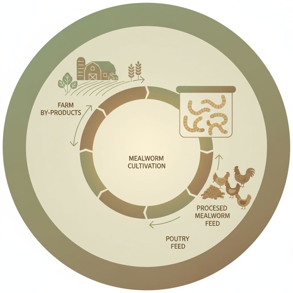 A circular diagram shows farm by-products feeding mealworms, which then serve as nutrition for poultry.