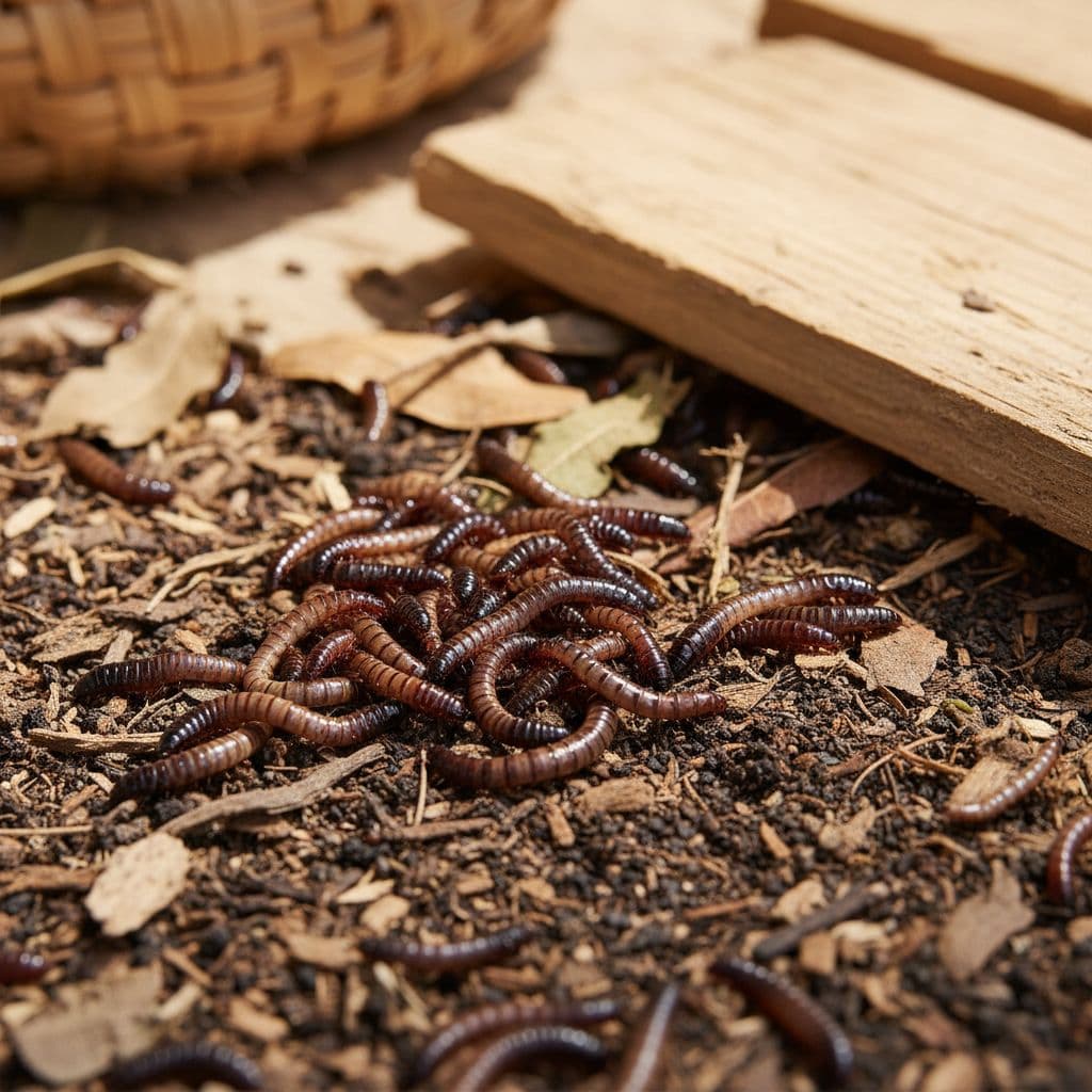 A close-up view of dark mealworms resting on a textured, earthy surface with warm background tones.
