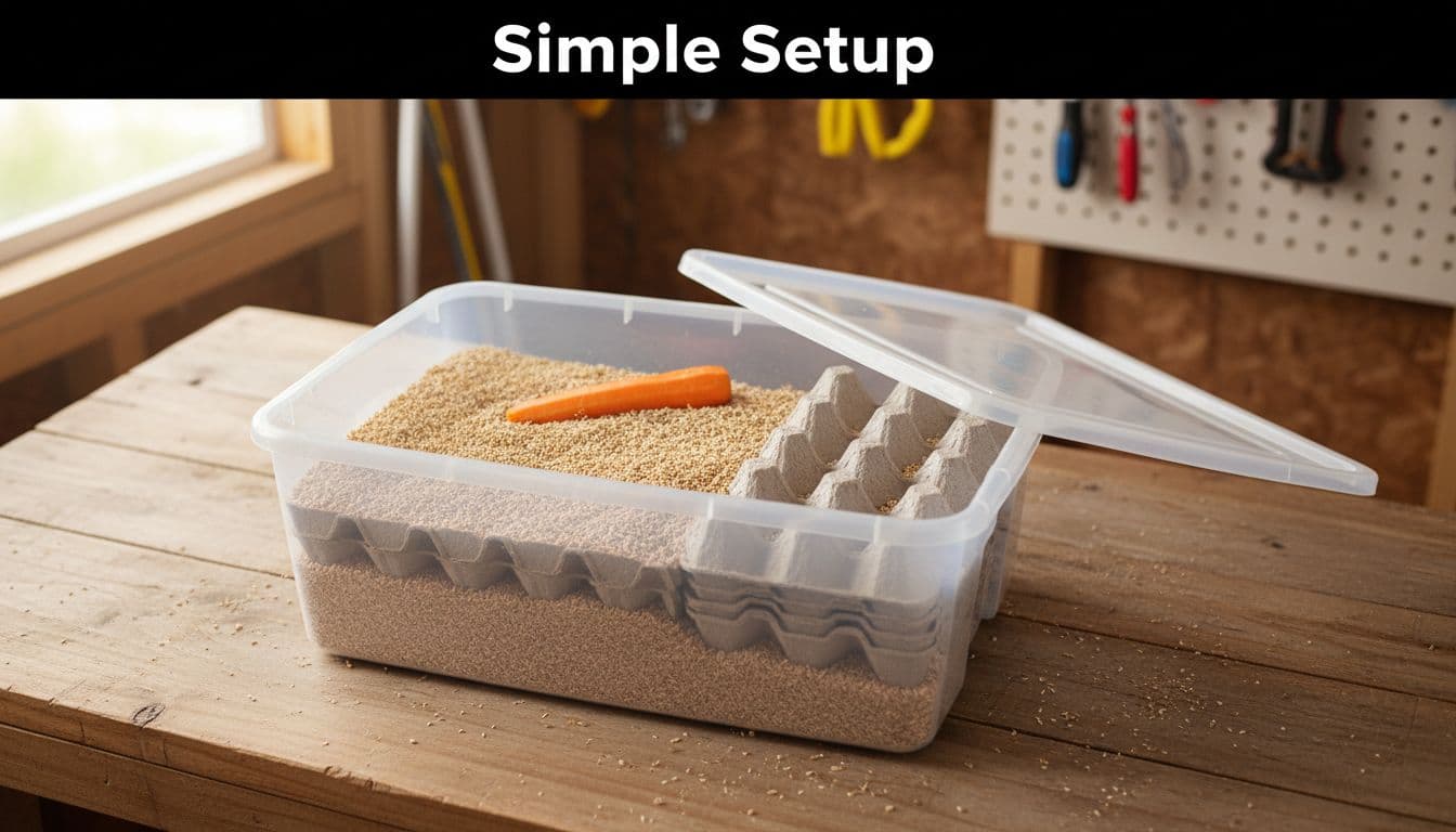 A plastic bin filled with wheat bran, cardboard egg trays, and fresh carrot for a mealworm colony.