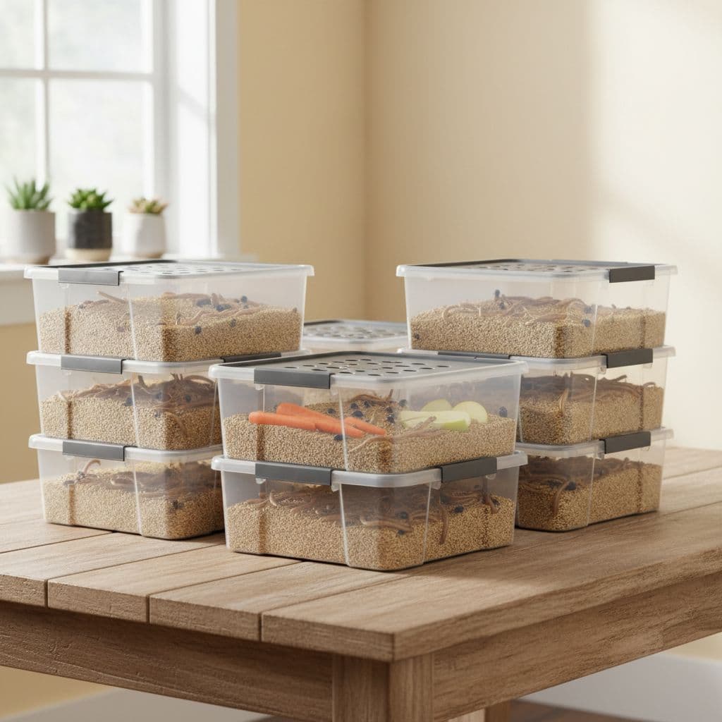 Stacked plastic bins arranged neatly on a wooden table for practical mealworm cultivation.