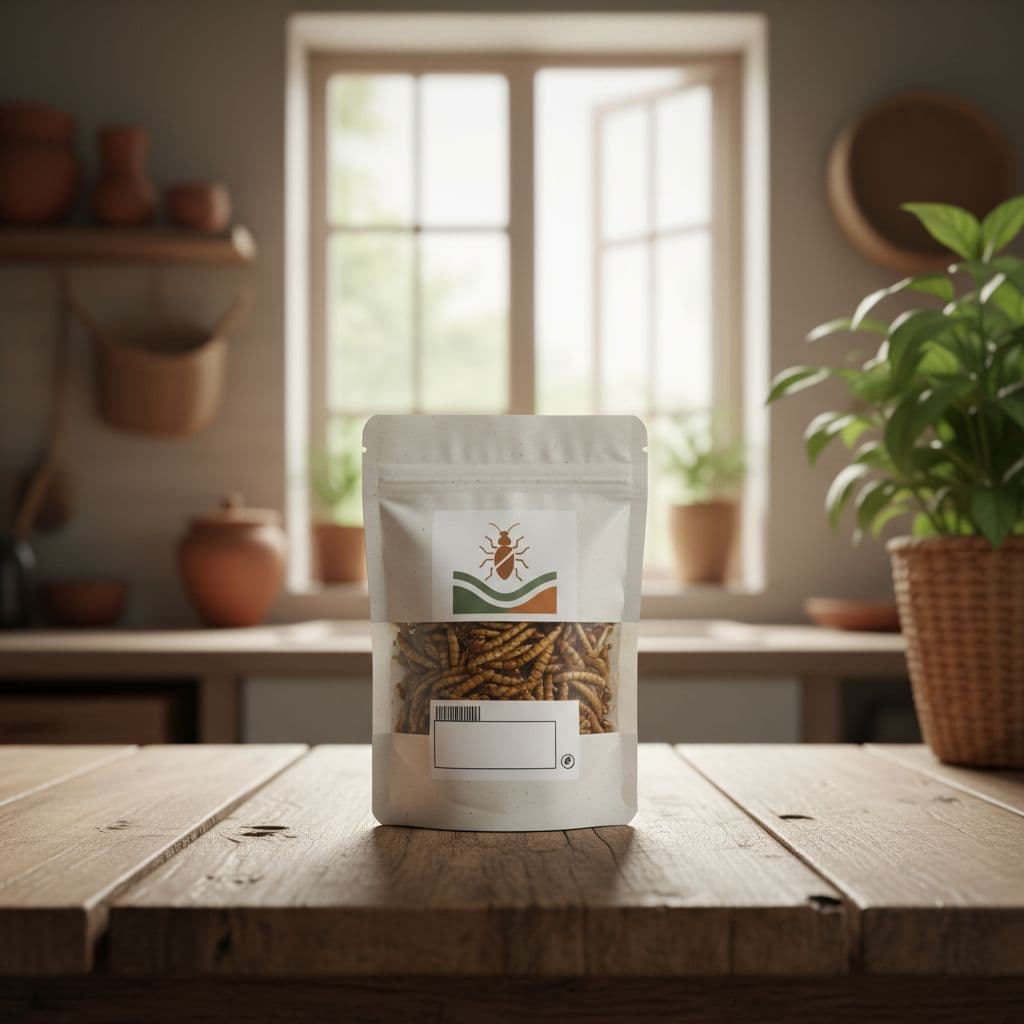 A labeled bag of dried mealworms sits on a rustic wooden table inside a bright home kitchen.