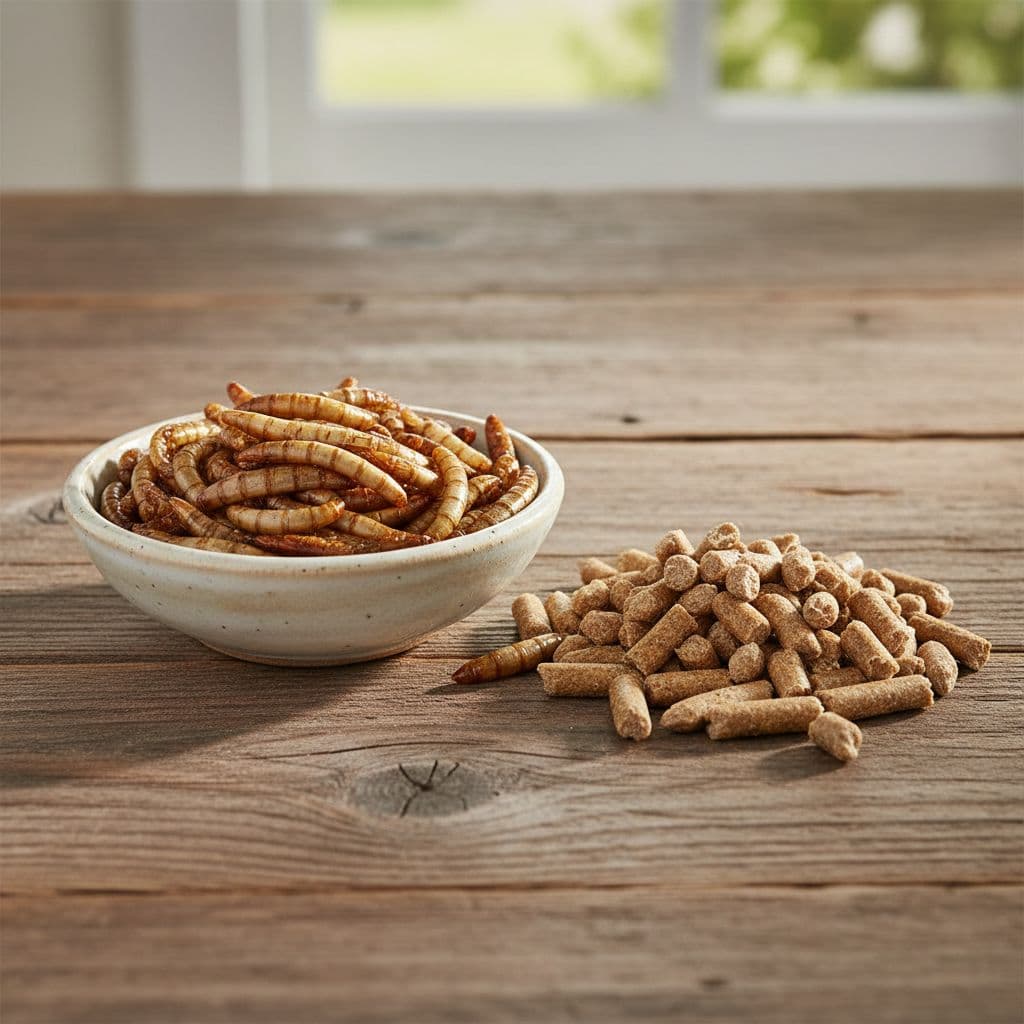 A ceramic bowl of dried mealworms sits beside a pile of chicken feed on a wooden table.