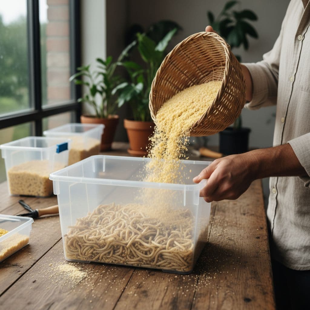 A person pours maize bran into a bin of mealworms on a rustic wooden table.