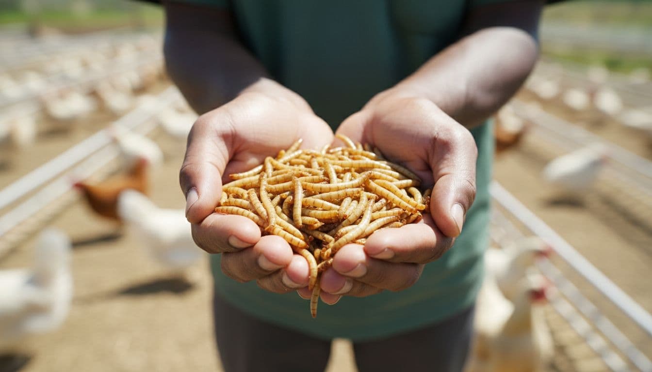 A farmer holds a handful of fresh mealworms in a bright rural Kenyan farm setting.