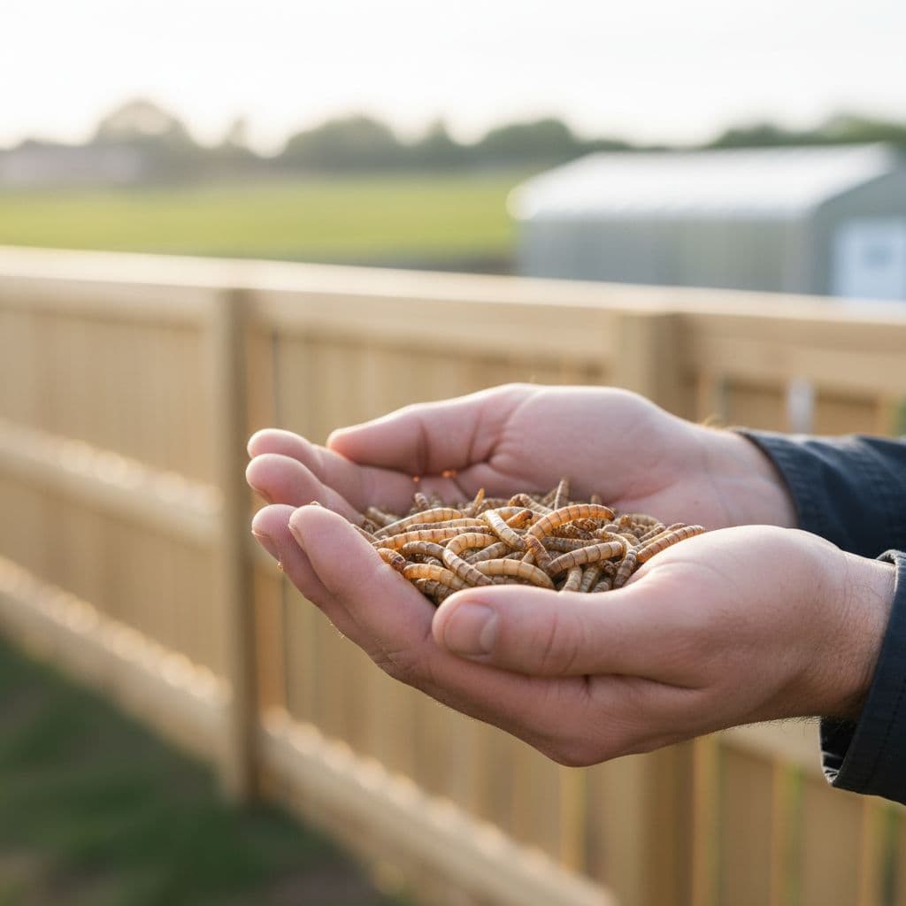 A farmer holds a small portion of live mealworms in their hands on a poultry farm.