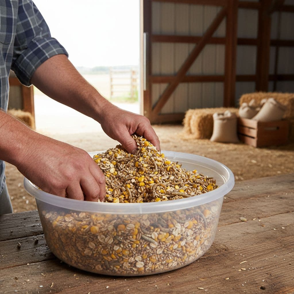 A farmer mixes a blend of grains and mealworms in a clean basin on a farm.