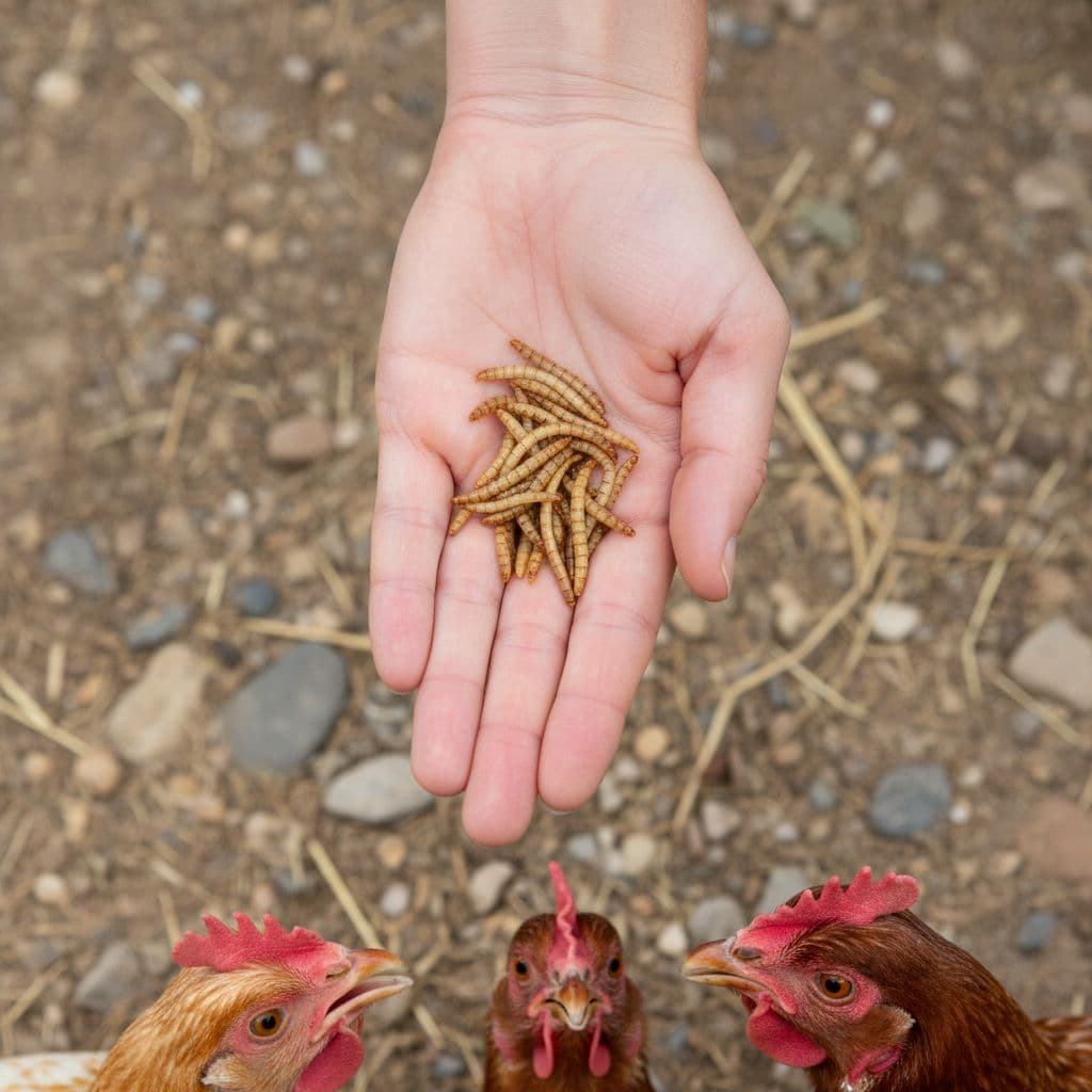 A person holds a small portion of mealworms for chickens waiting on the ground.