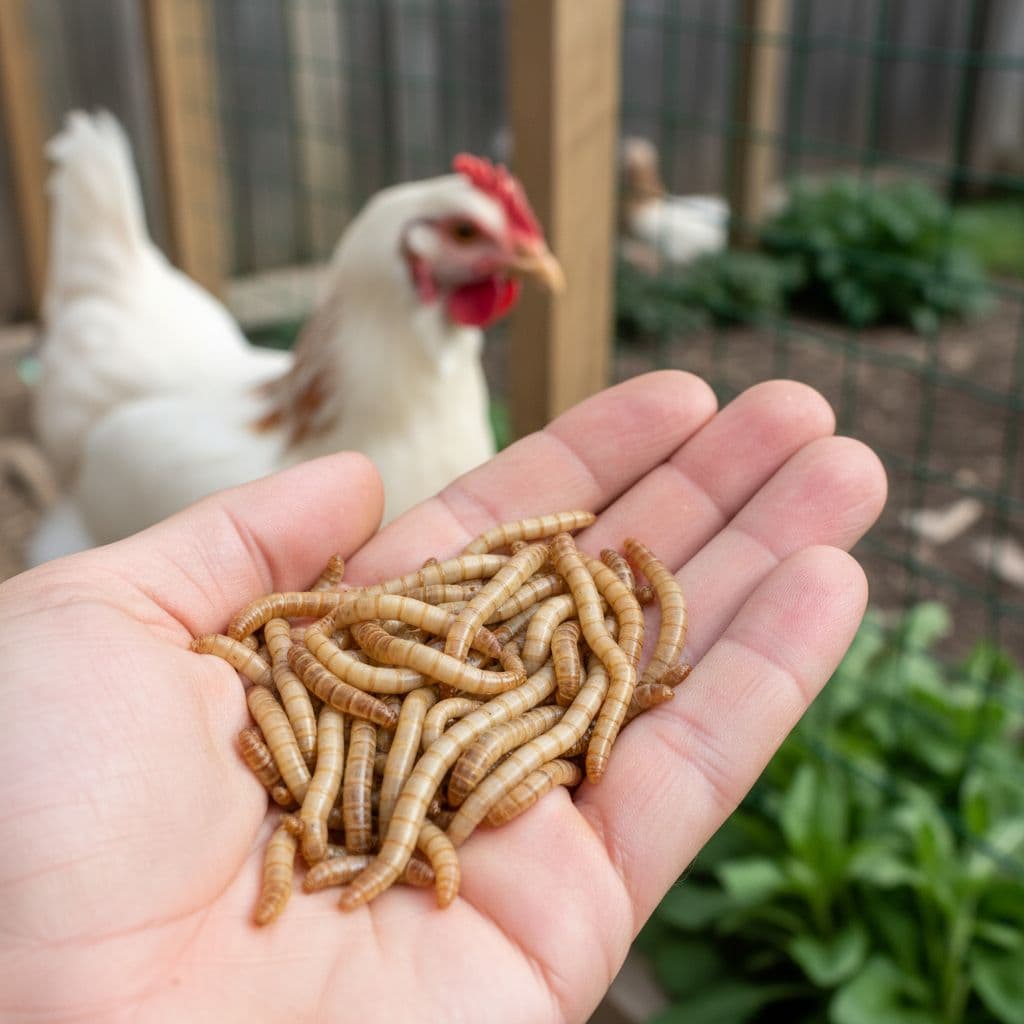 A person holds a cluster of live mealworms in their palm with a curious chicken nearby.