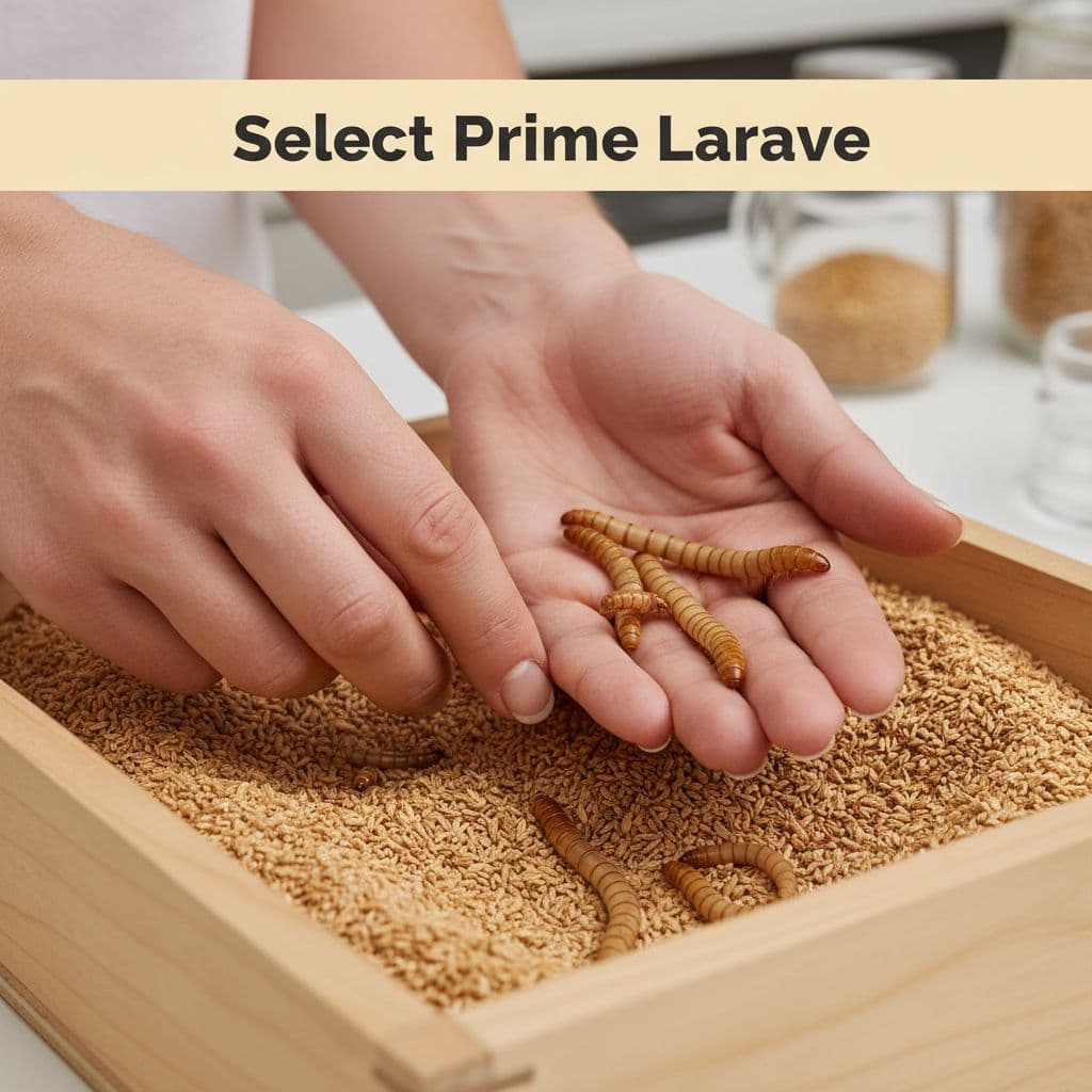 Hands sift through wheat bran in a bin to select plump, golden-brown mealworms for harvest.