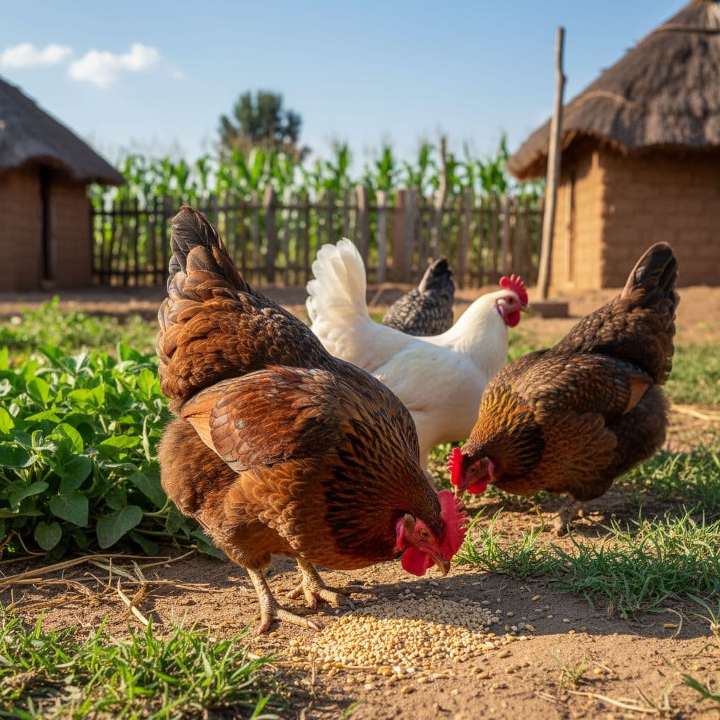 A group of vibrant free-range chickens forage in a clean and sunny Kenyan farmyard.