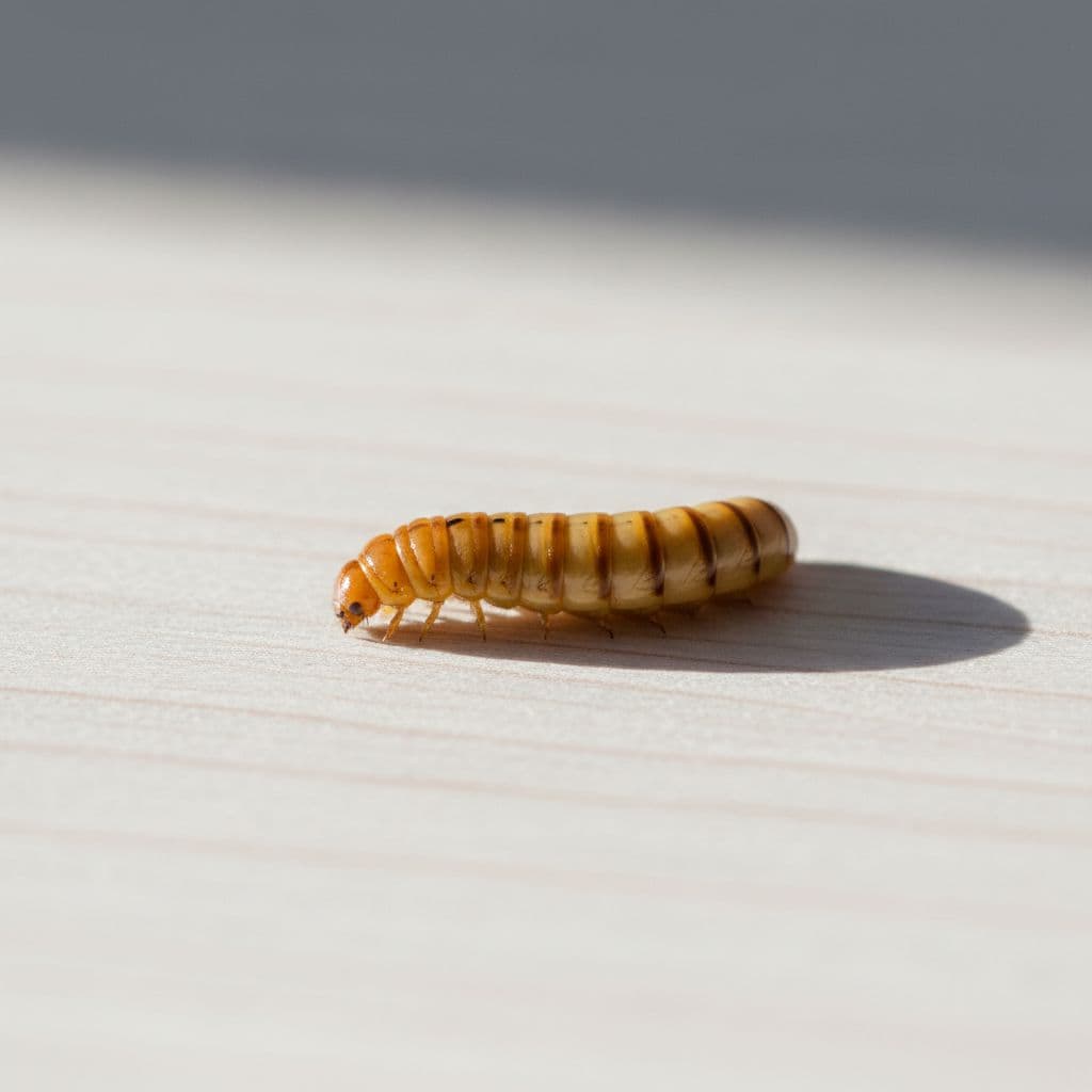 A plump, healthy golden mealworm rests on a smooth, light wooden surface in natural light.