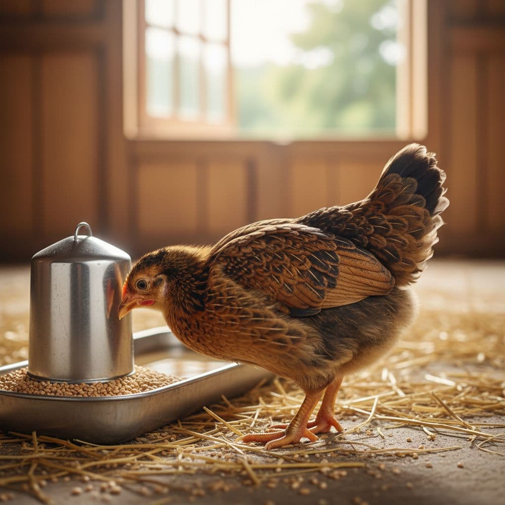 A single healthy Kienyeji chick stands in a bright, clean, rustic farm environment during the day.