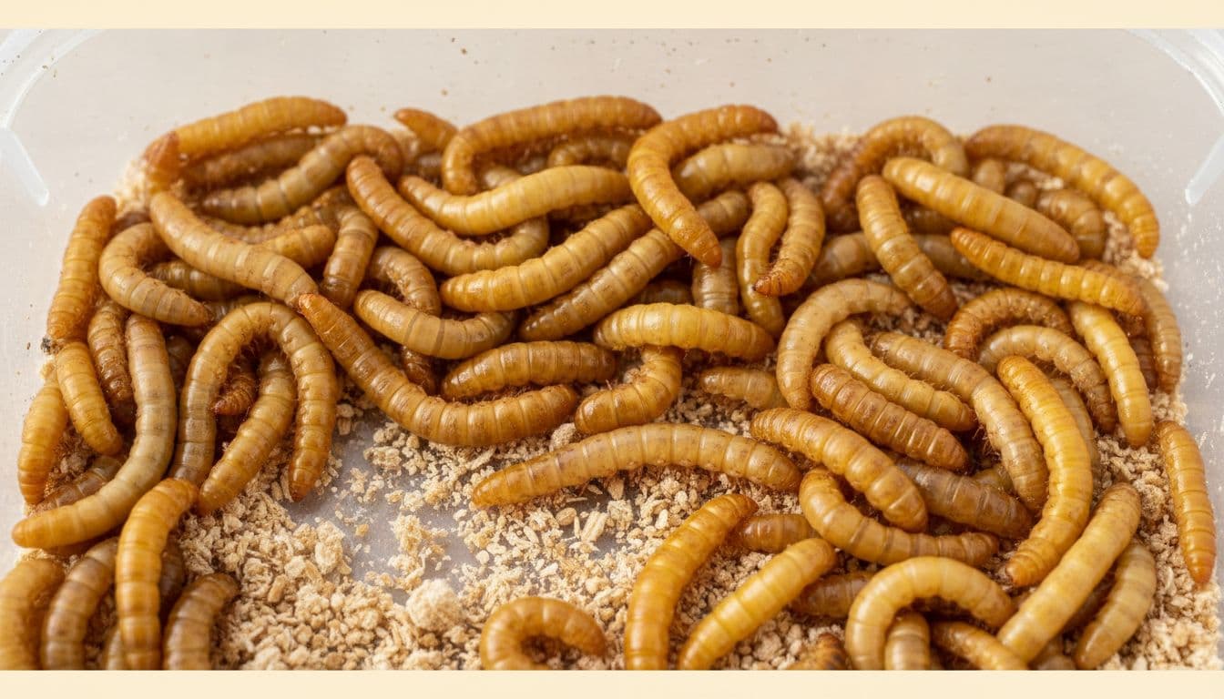 A group of plump golden-yellow mealworms crawls through dry bran bedding in a plastic container.