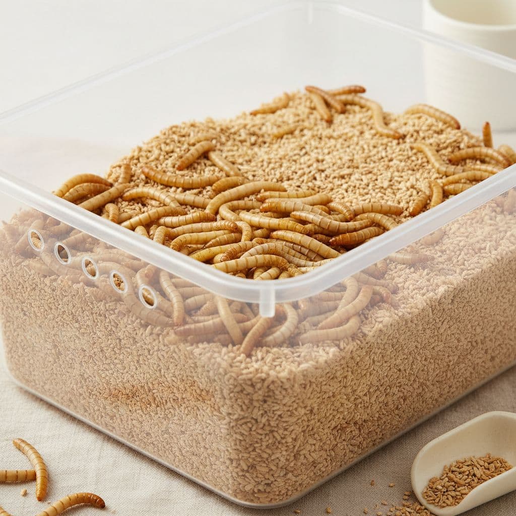 A ventilated plastic bin containing golden mealworms resting on a fresh bed of wheat bran.