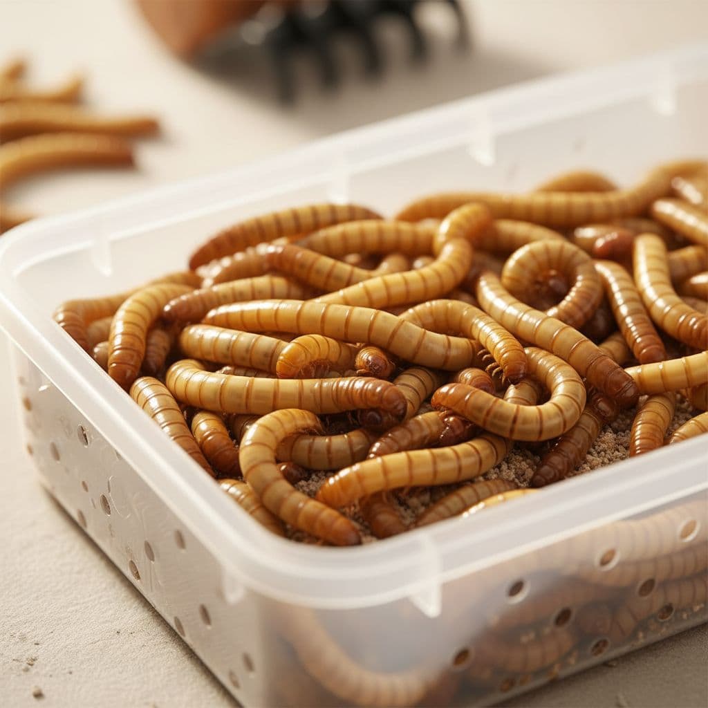 A close-up view of golden-yellow mealworms grouped together inside a clean agricultural container.