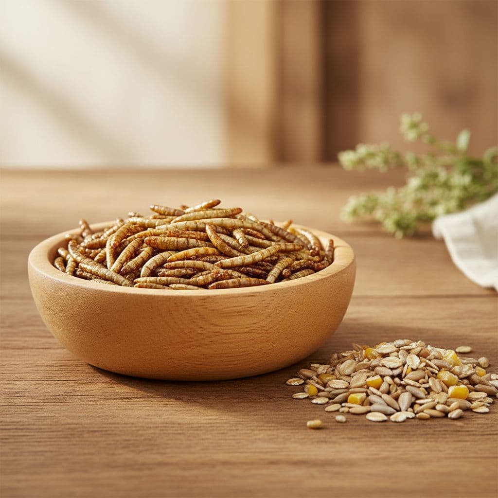 A bowl of golden mealworms sits beside a handful of organic grains on a rustic wooden table.