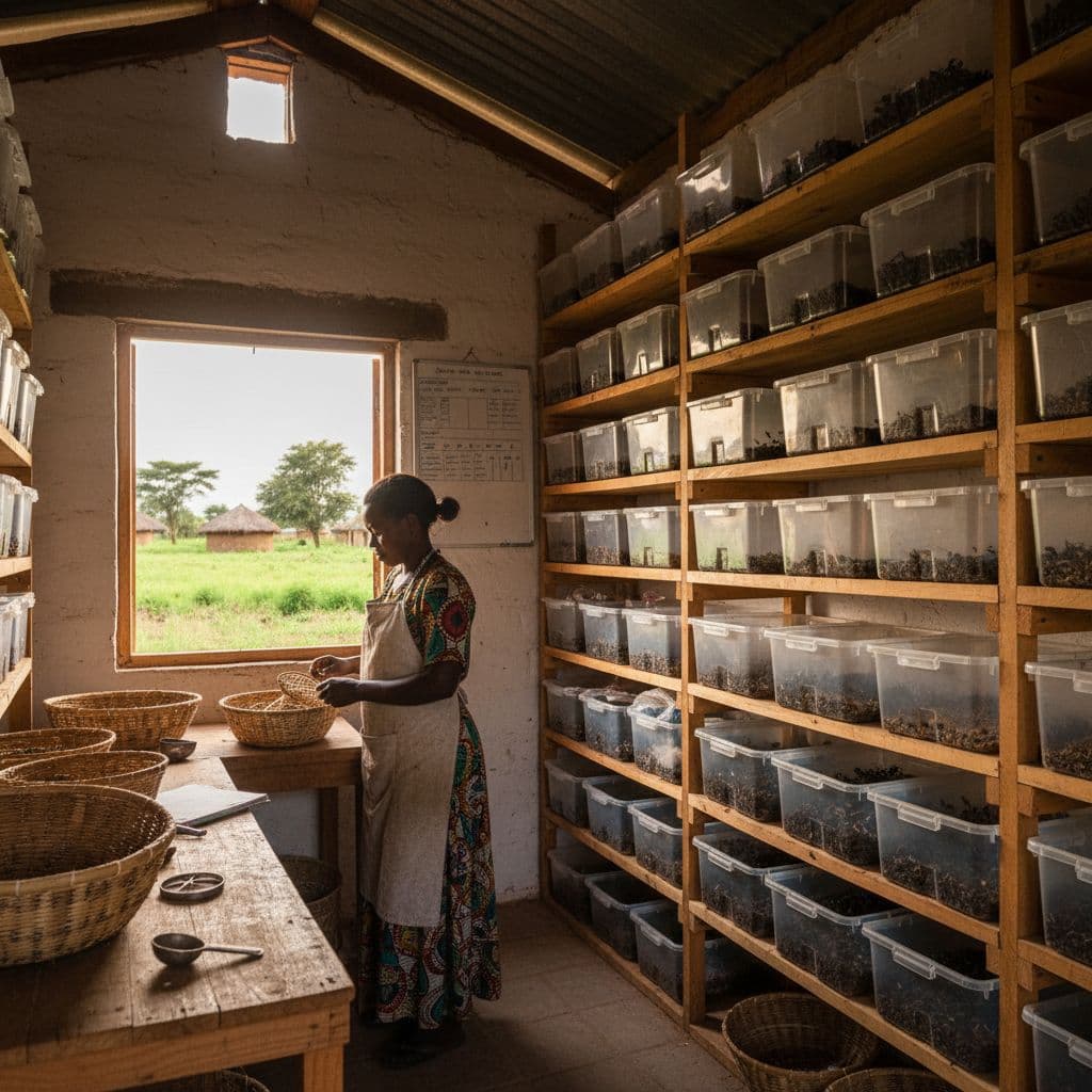 A Kenyan farmer works in a tidy, sunlit room filled with wooden shelves holding insect breeding crates.
