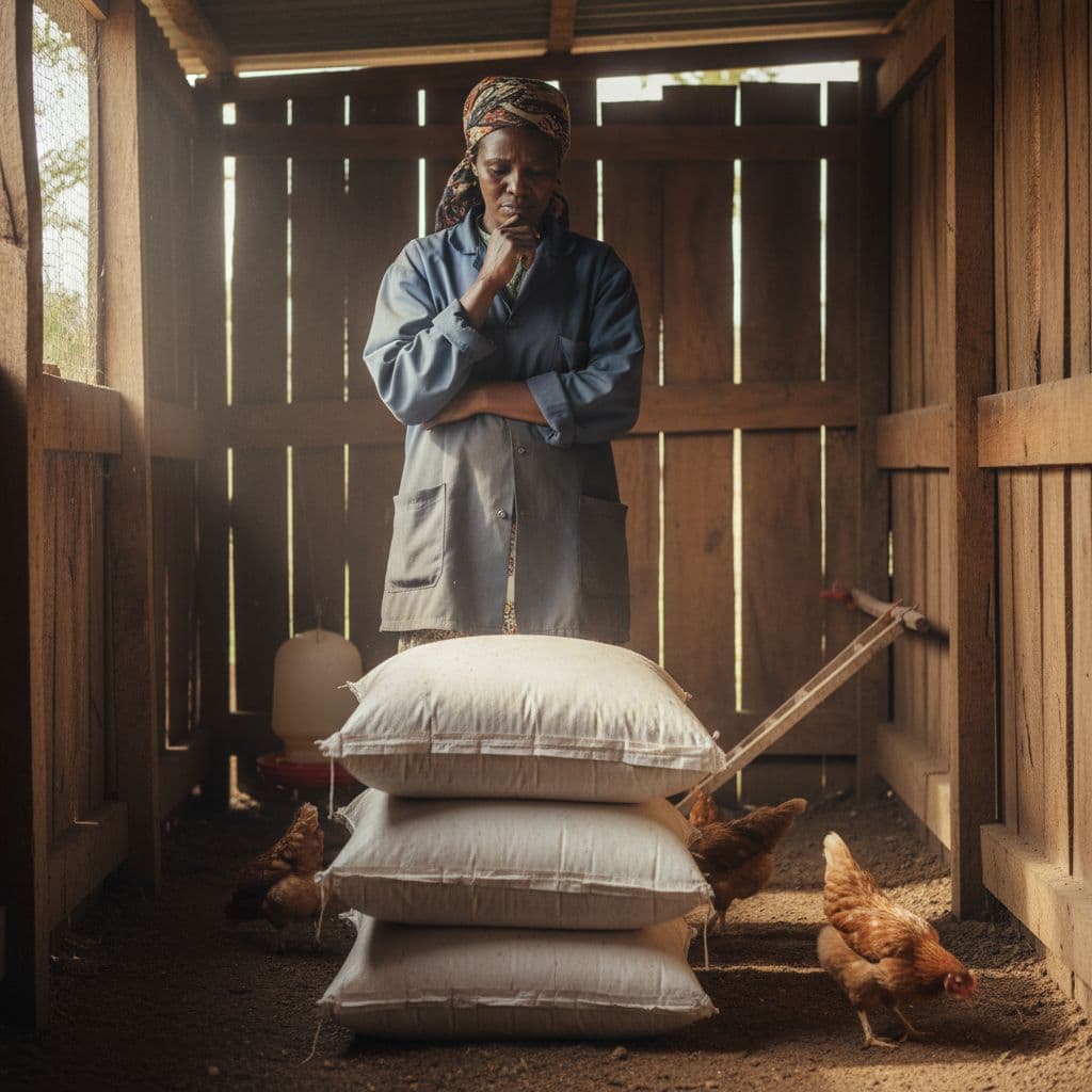 A concerned Kenyan poultry farmer stands in a wooden coop looking at stacked sacks of commercial feed.