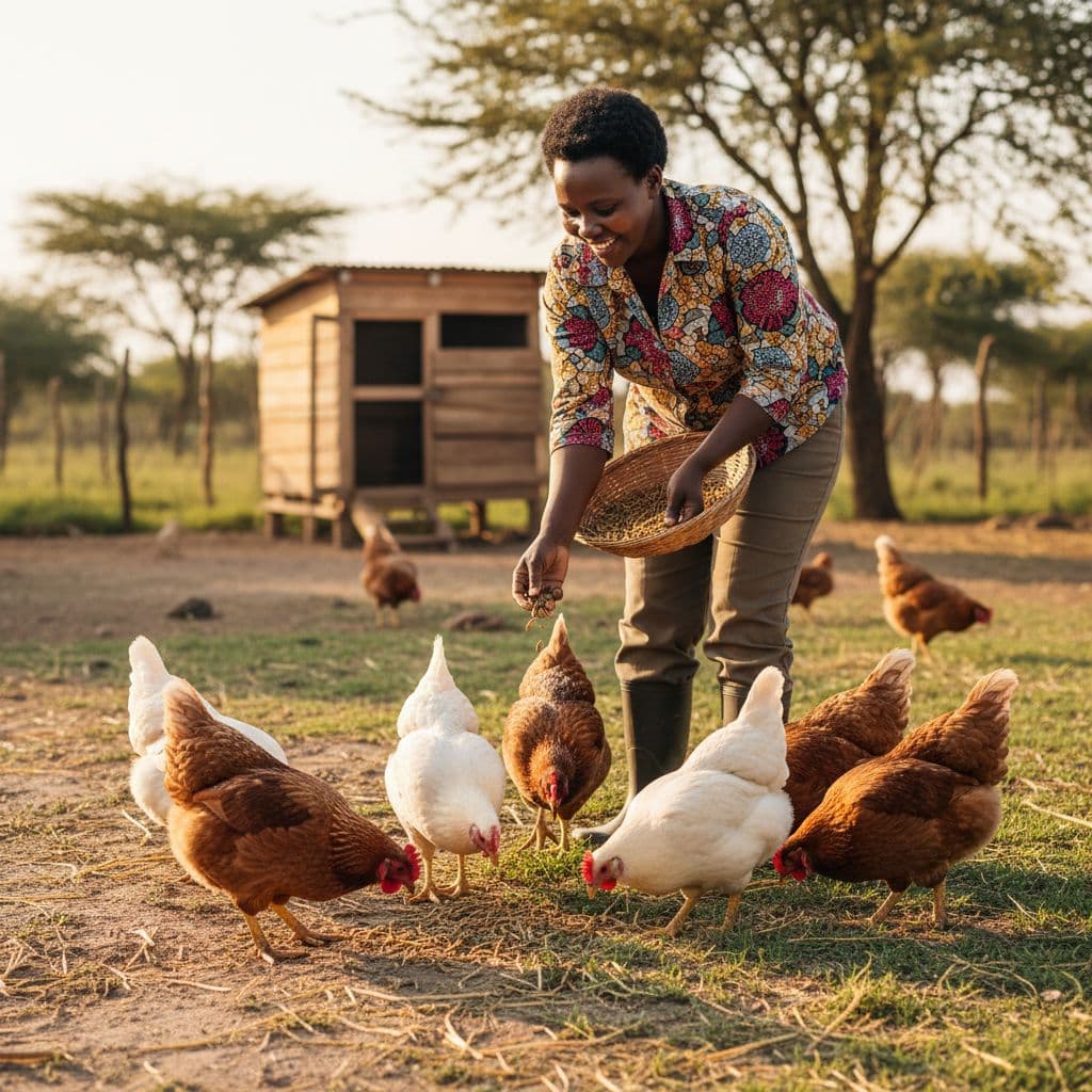A Kenyan farmer scatters mealworms for chickens in a sunny outdoor farm yard.