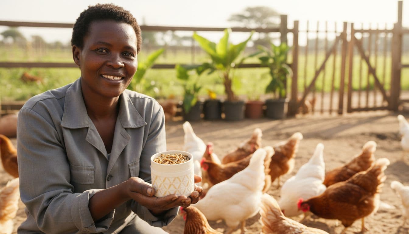 A Kenyan farmer holds a container of dried mealworms with chickens visible in a bright outdoor setting.