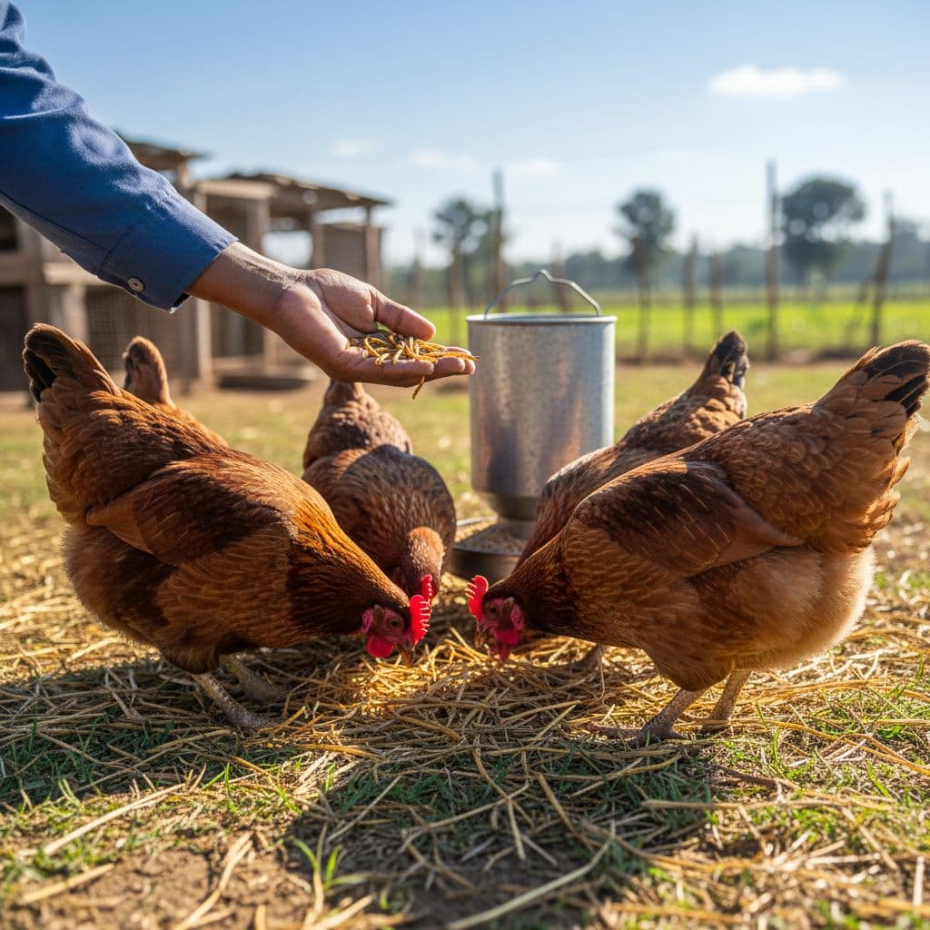A Kenyan farmer sprinkles mealworms for a small group of chickens in a bright farmyard.