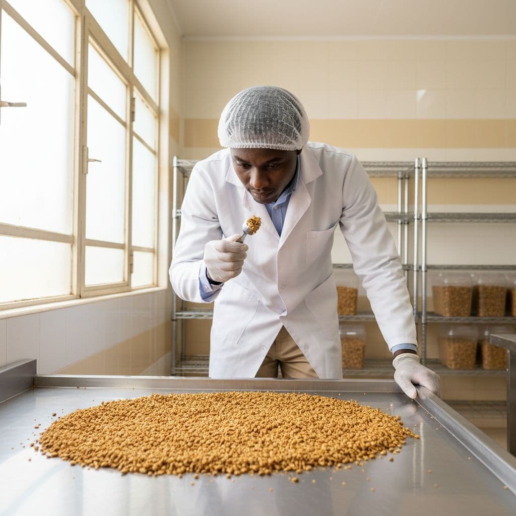A Kenyan farmer examines high-quality dried insect protein on a clean stainless steel surface in a modern facility.
