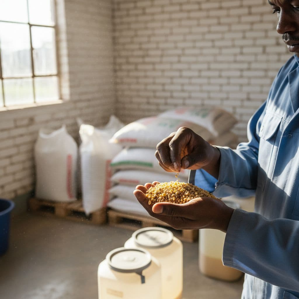 A Kenyan farmer examines a handful of dry poultry feed inside a clean storage facility.