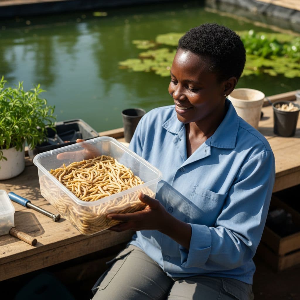 A smiling Kenyan farmer holds a plastic container of mealworms beside a sunlit aquaculture pond.