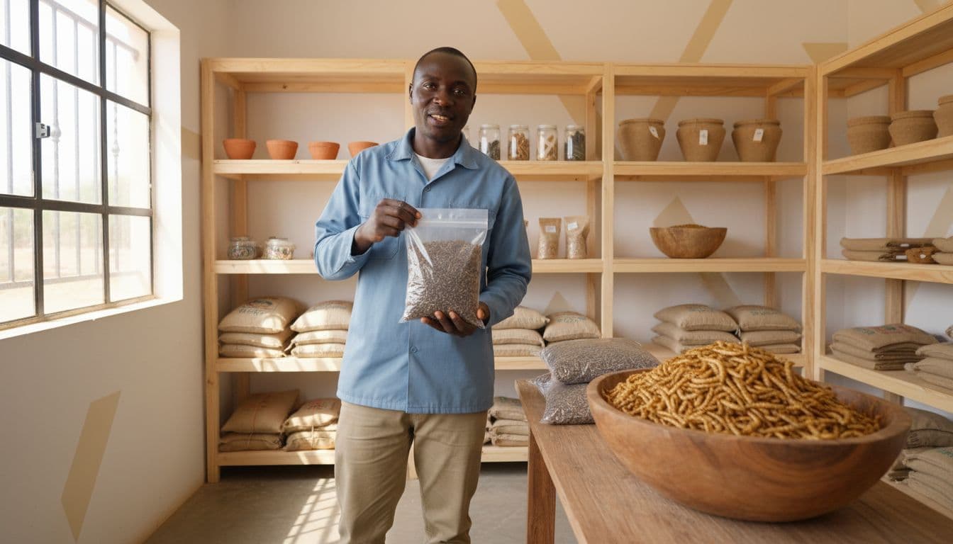 A Kenyan farmer in a rural supply store holds a bag of dark mealworm frass, showcasing the potential of mealworm farming in Kenya.