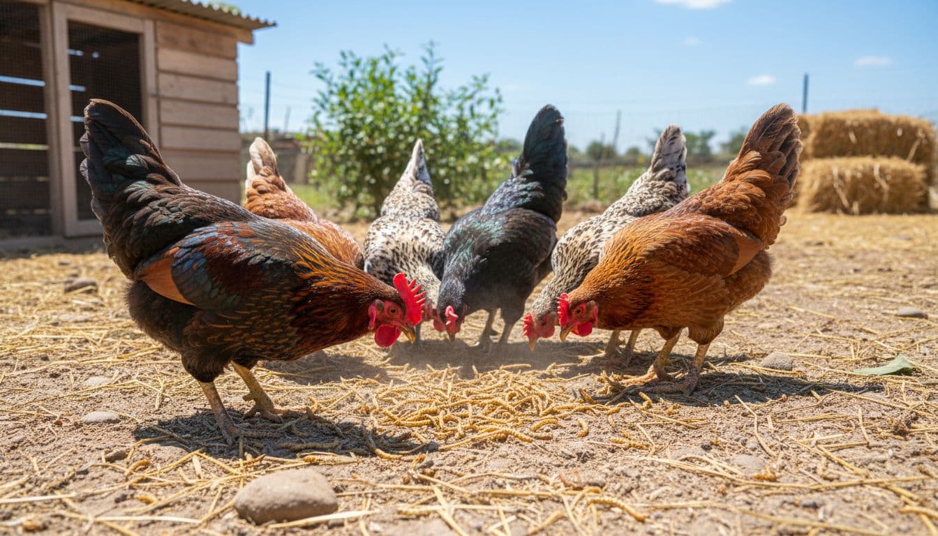 A group of Kienyeji chickens scratch at the ground in a sunny, clean farm yard.