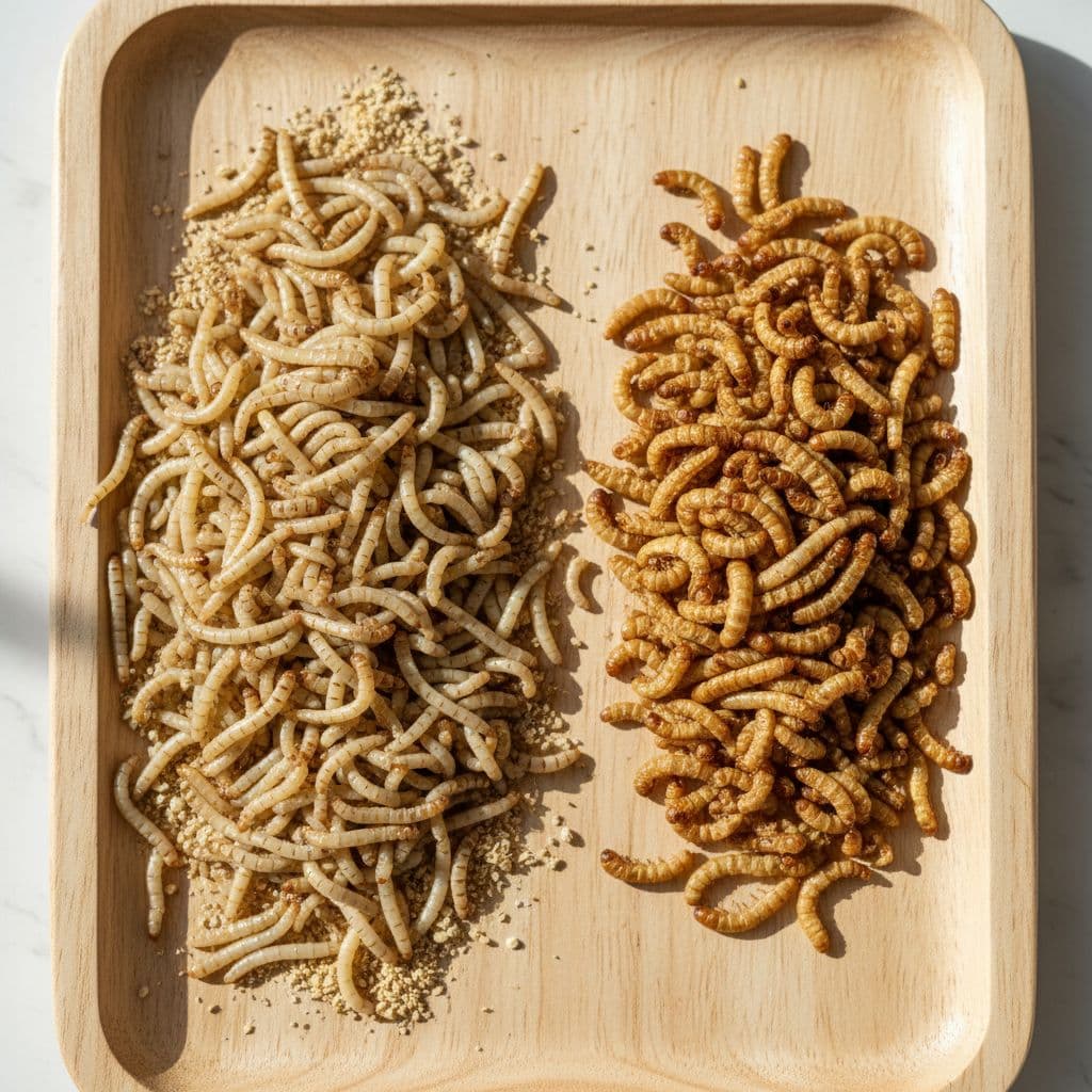 A wooden tray displays live mealworms on the left and a pile of dried mealworms on the right.