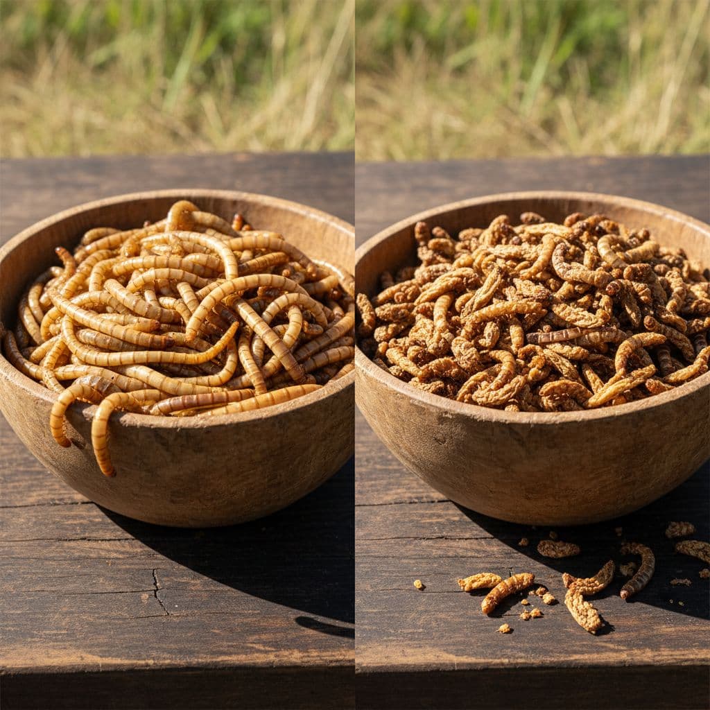 A split-screen view displays live golden mealworms beside a bowl of dried mealworms on rustic wood.
