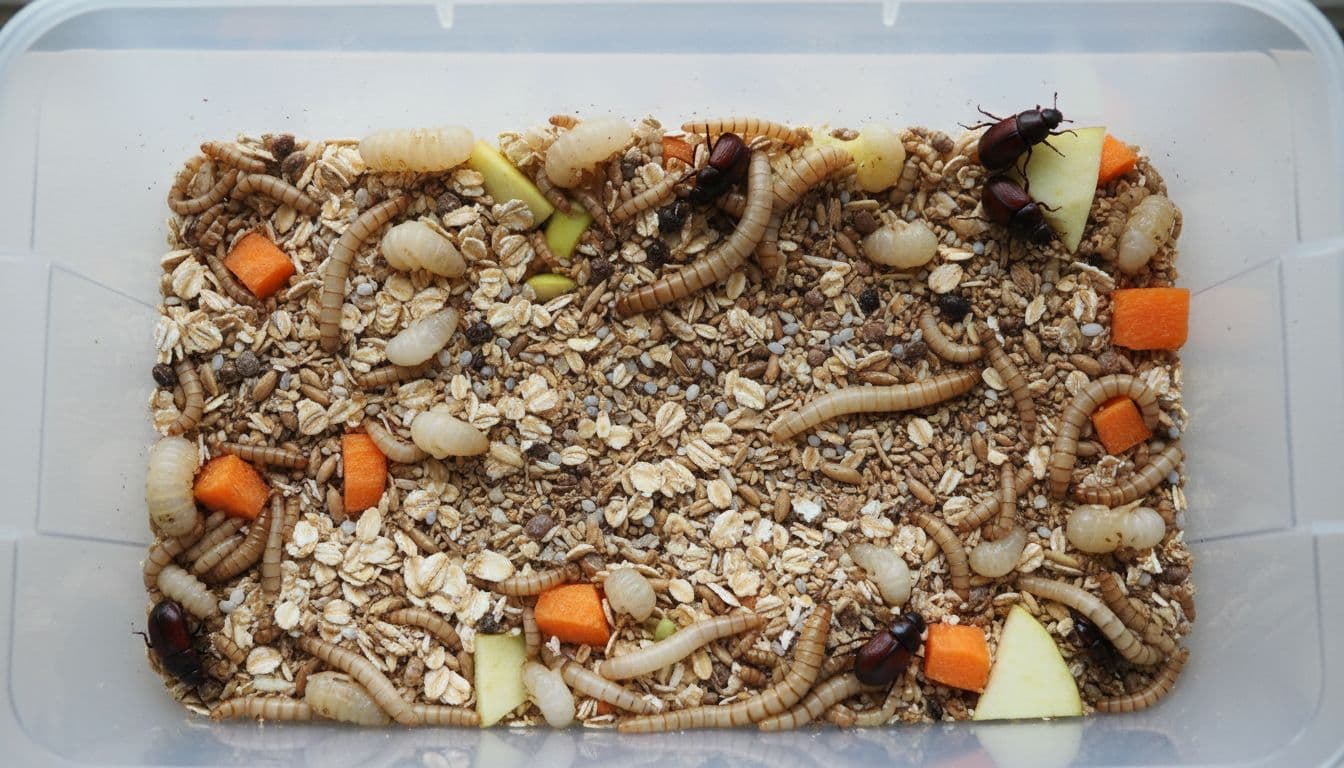 A transparent bin contains a thriving mealworm colony featuring eggs, larvae, pupae, and adult beetles.