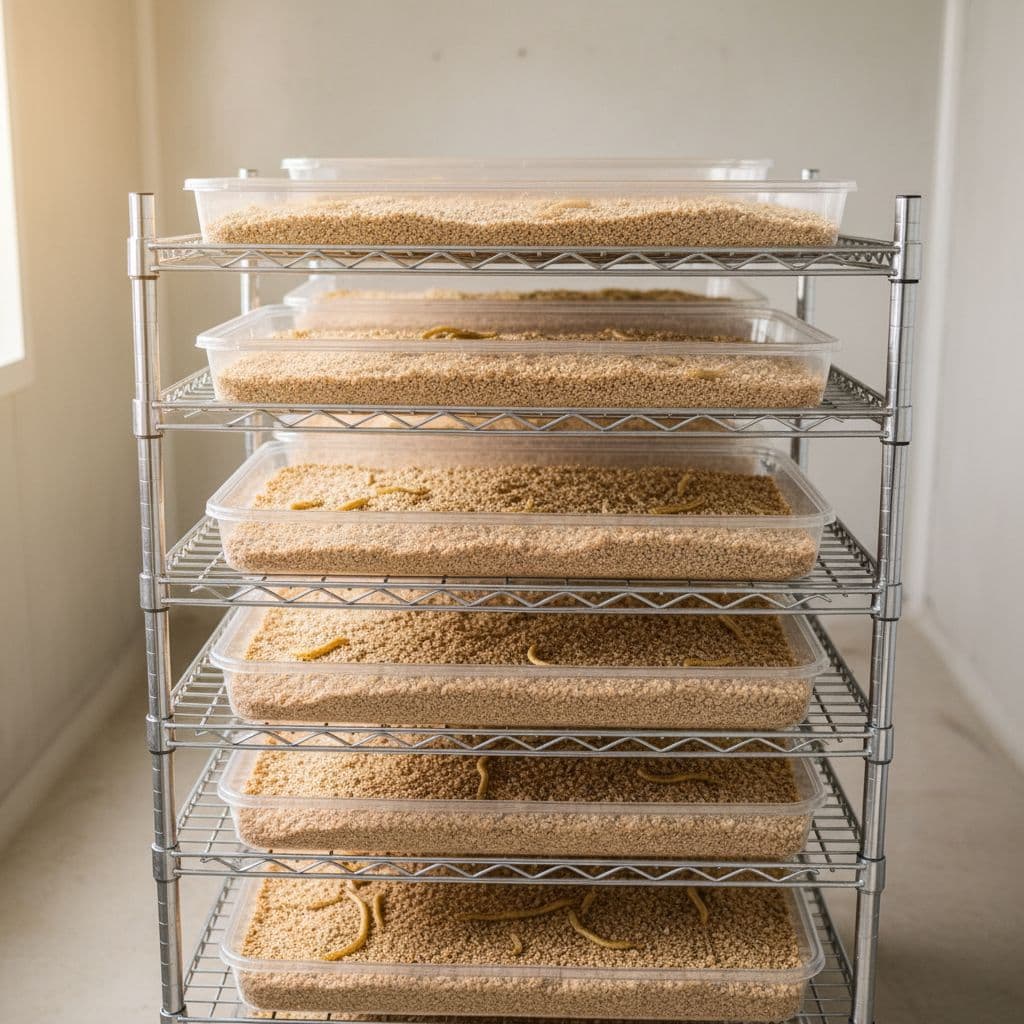 Clean, stackable plastic trays filled with wheat bran substrate house healthy mealworms on a wire rack.
