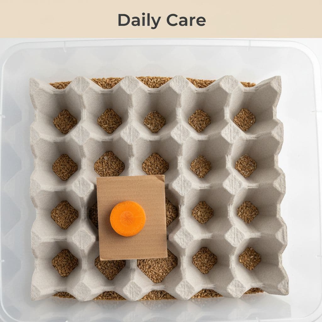 A top-down view of a mealworm bin filled with wheat bran, egg trays, and a fresh carrot slice.