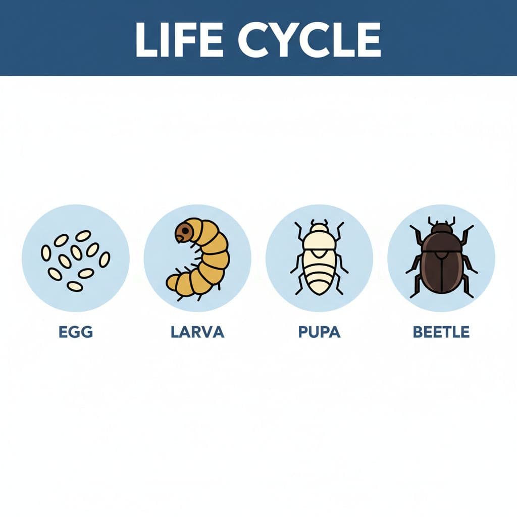 A clean diagram illustrates the four life stages of a mealworm against a plain white background.