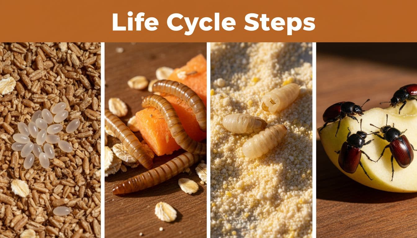 Four segmented sections illustrate the mealworm life cycle from eggs to larvae, pupae, and beetles.