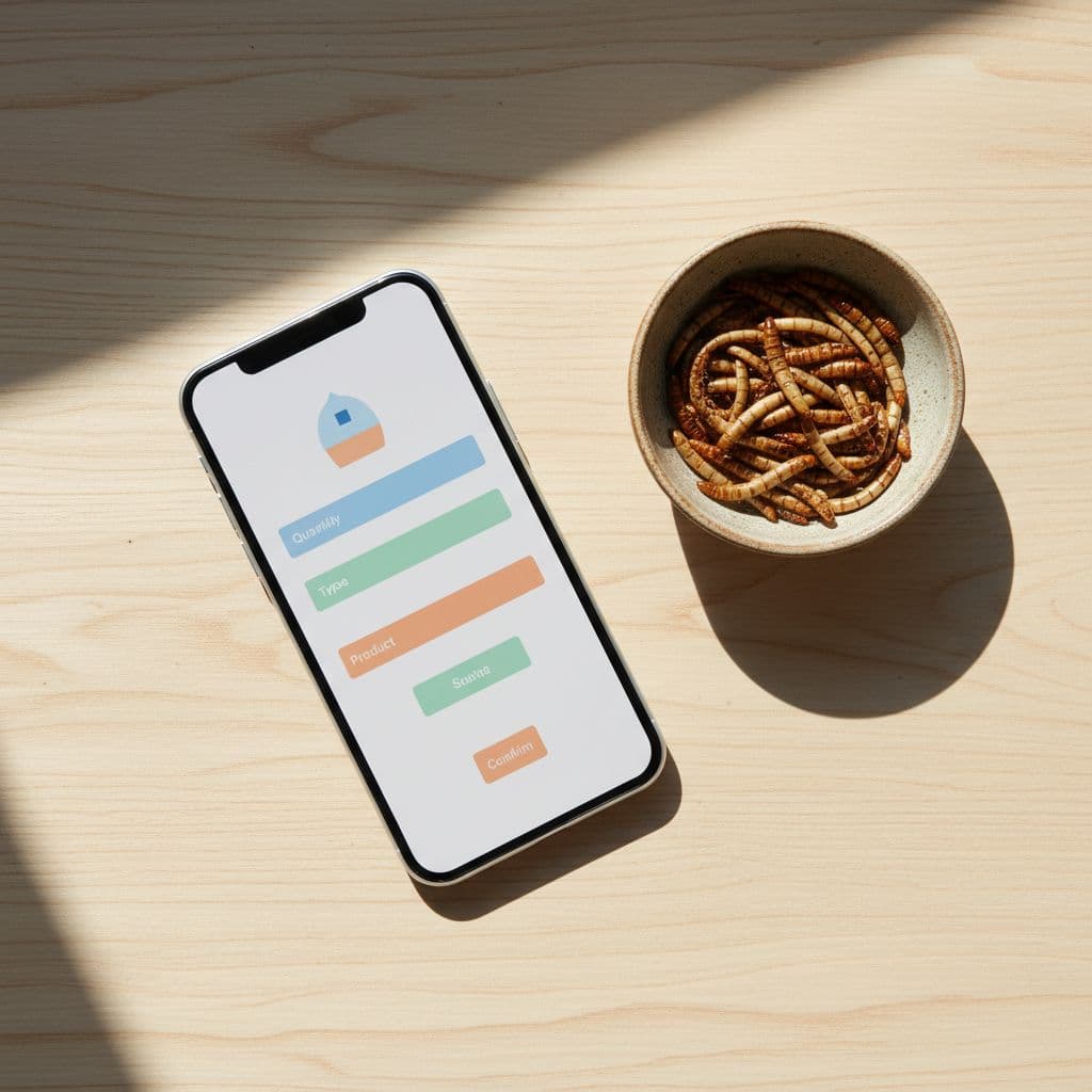 A smartphone showing a clean order interface rests on a wooden table beside a bowl of mealworms.