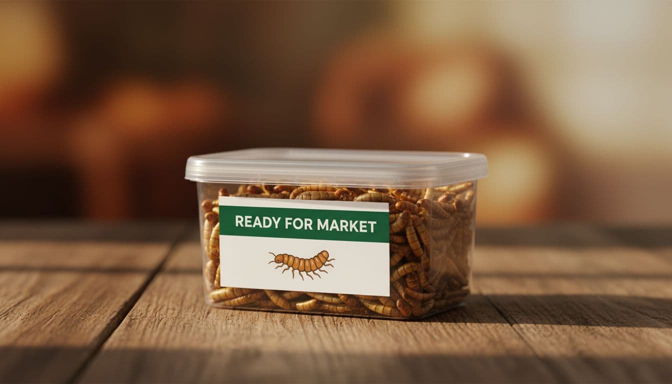 A small labeled container of dried mealworms sits on a rustic wooden table under warm lighting.