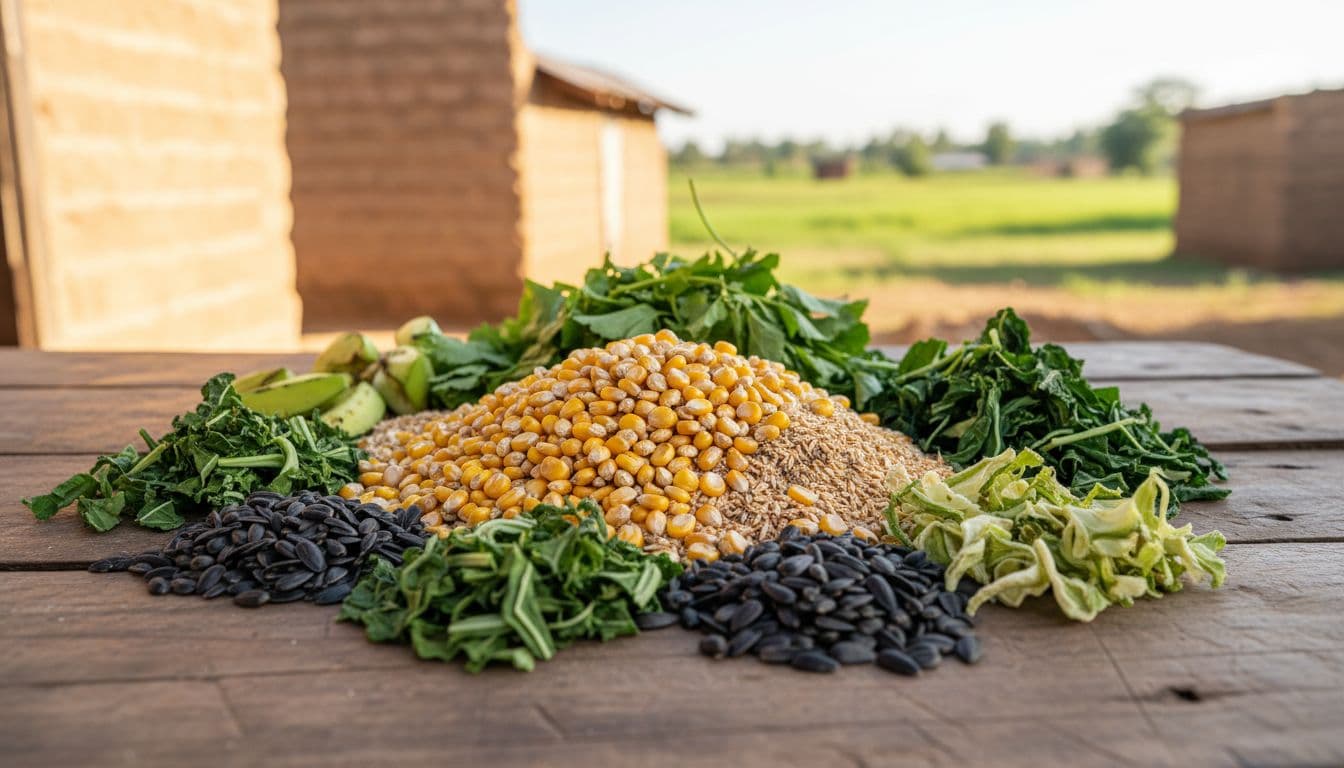 A rustic wooden table displays a pile of maize kernels, wheat bran, sunflower seeds, and green vegetables.