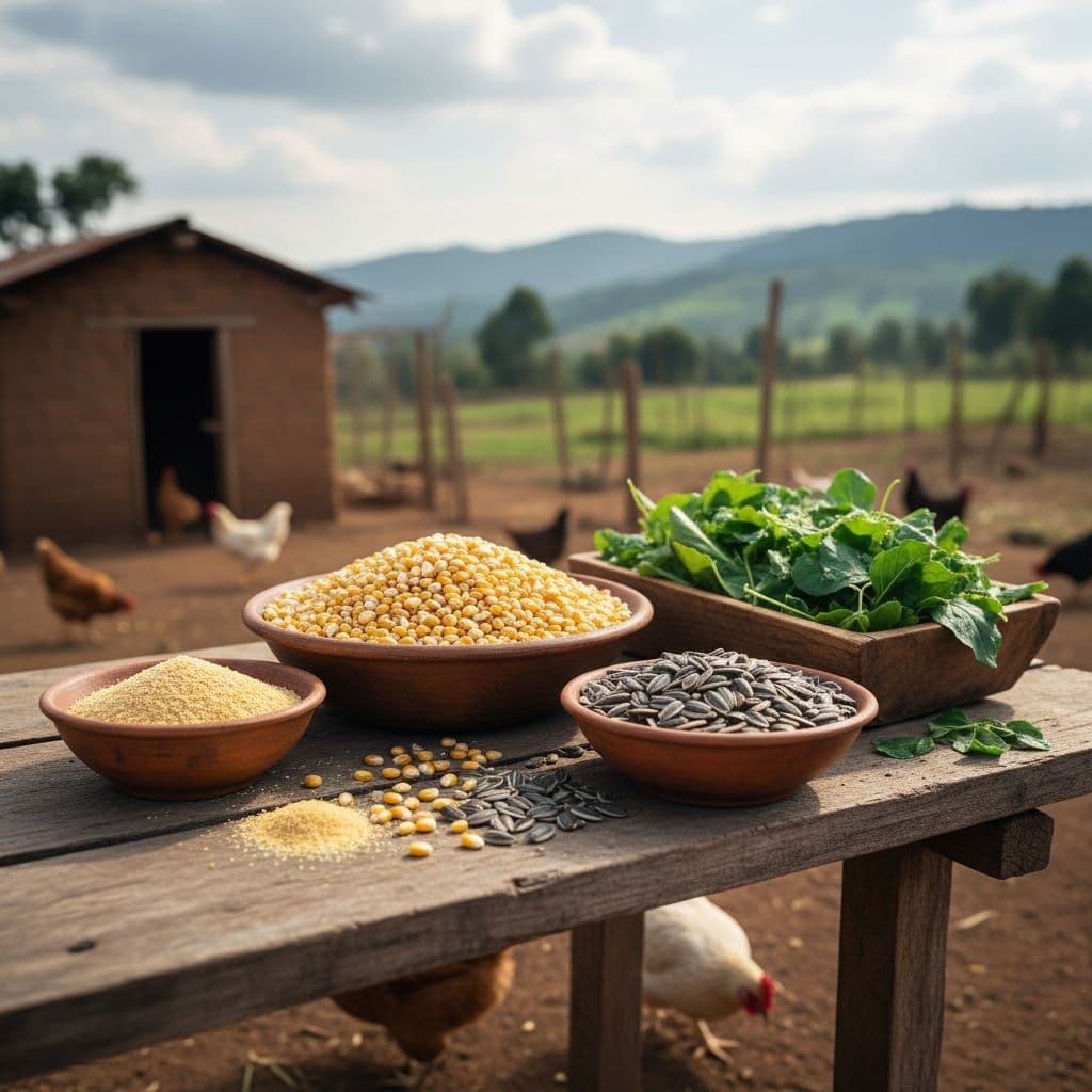 Bowls of maize, seeds, and leafy greens sit on a wooden table in a farmyard.