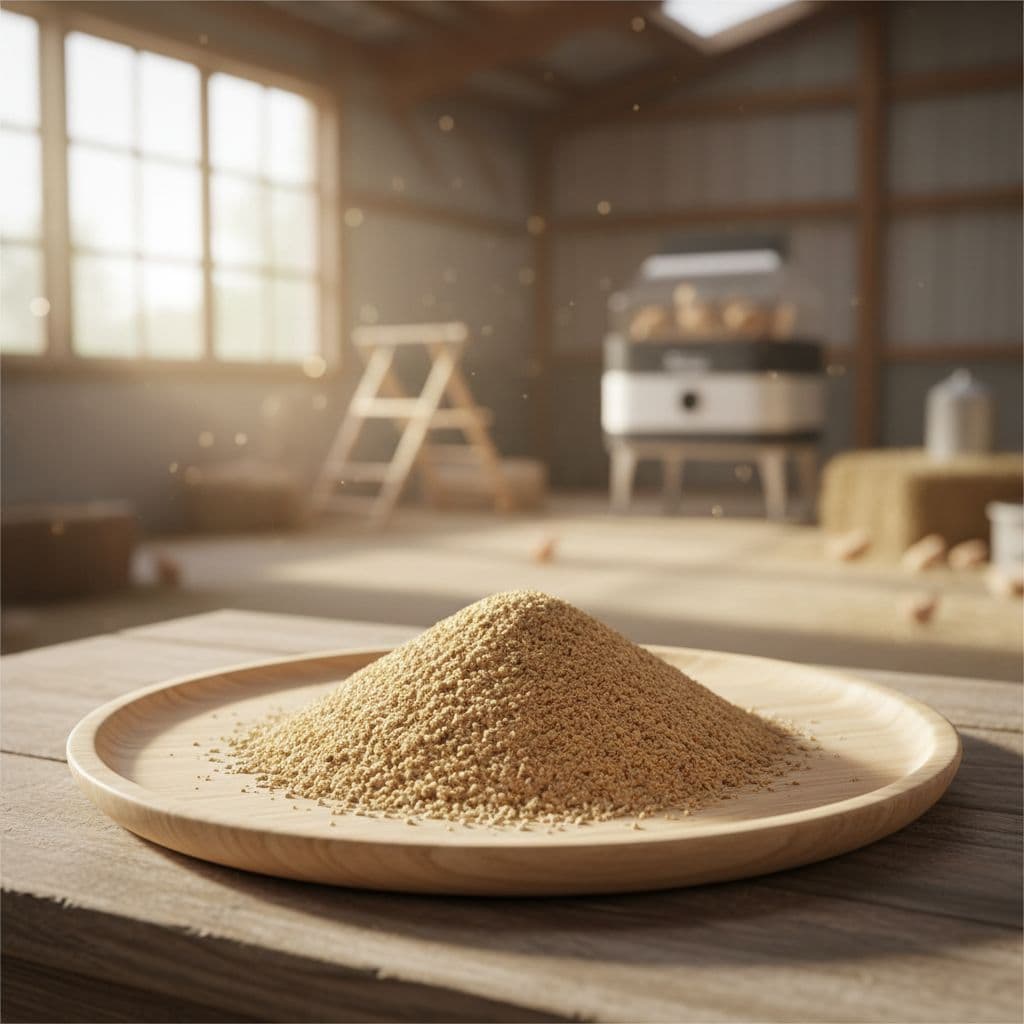 A pile of finely ground, high-protein poultry feed sits on a clean wooden tray.