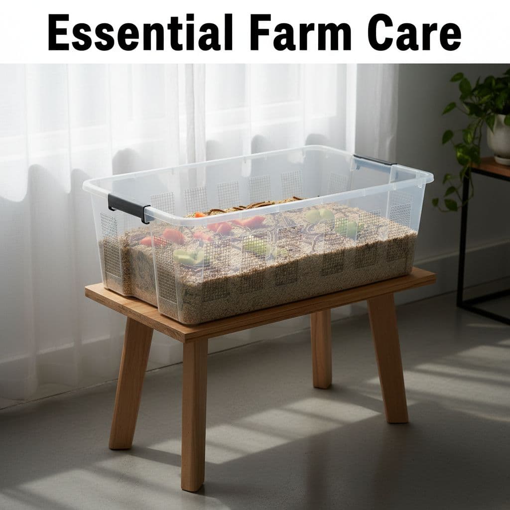 A well-ventilated plastic bin designed for mealworm breeding sits on a clean stand in a bright room.