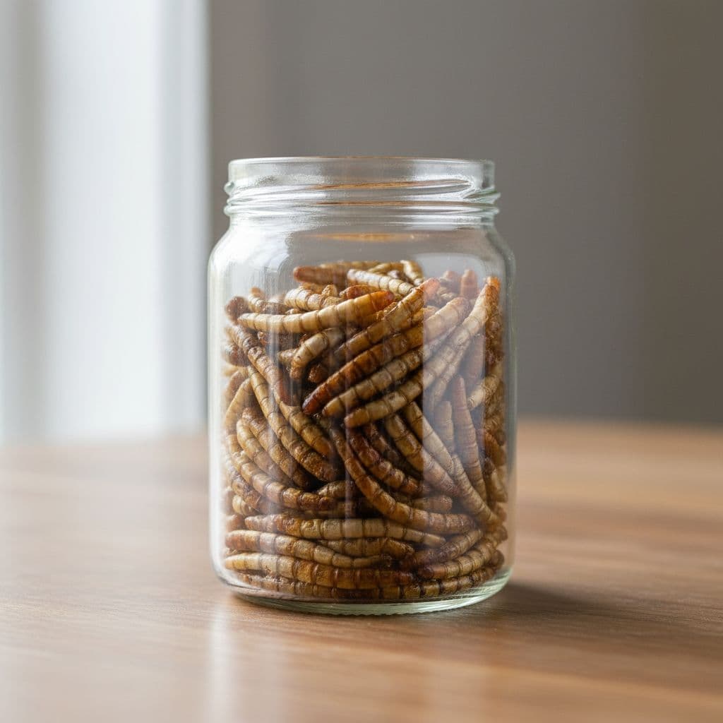 A close-up view of golden dried mealworms stored inside a clear glass jar on a wooden surface.