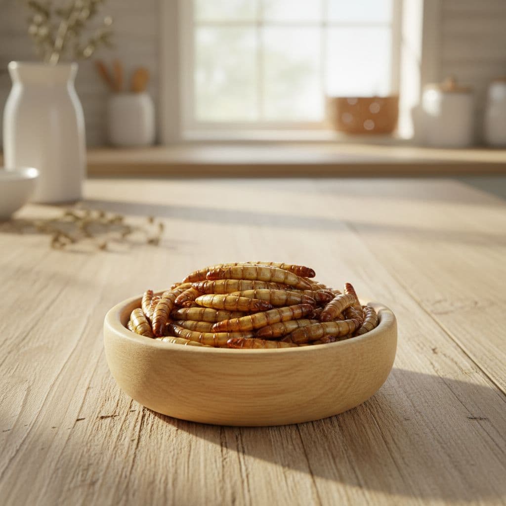 A wooden bowl filled with golden-brown dried mealworms rests on a clean farmhouse table.