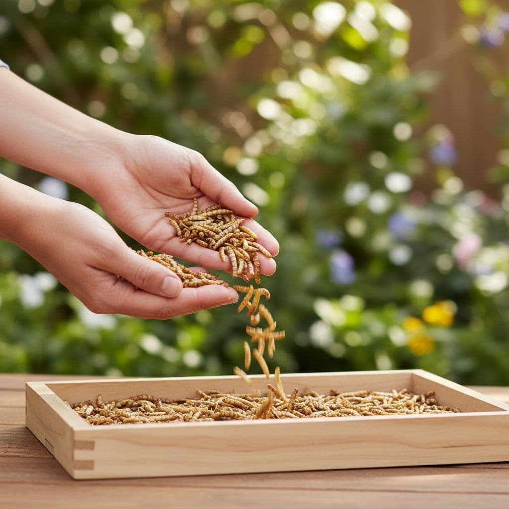A person sprinkles dried mealworms onto a wooden feeding tray in a garden.